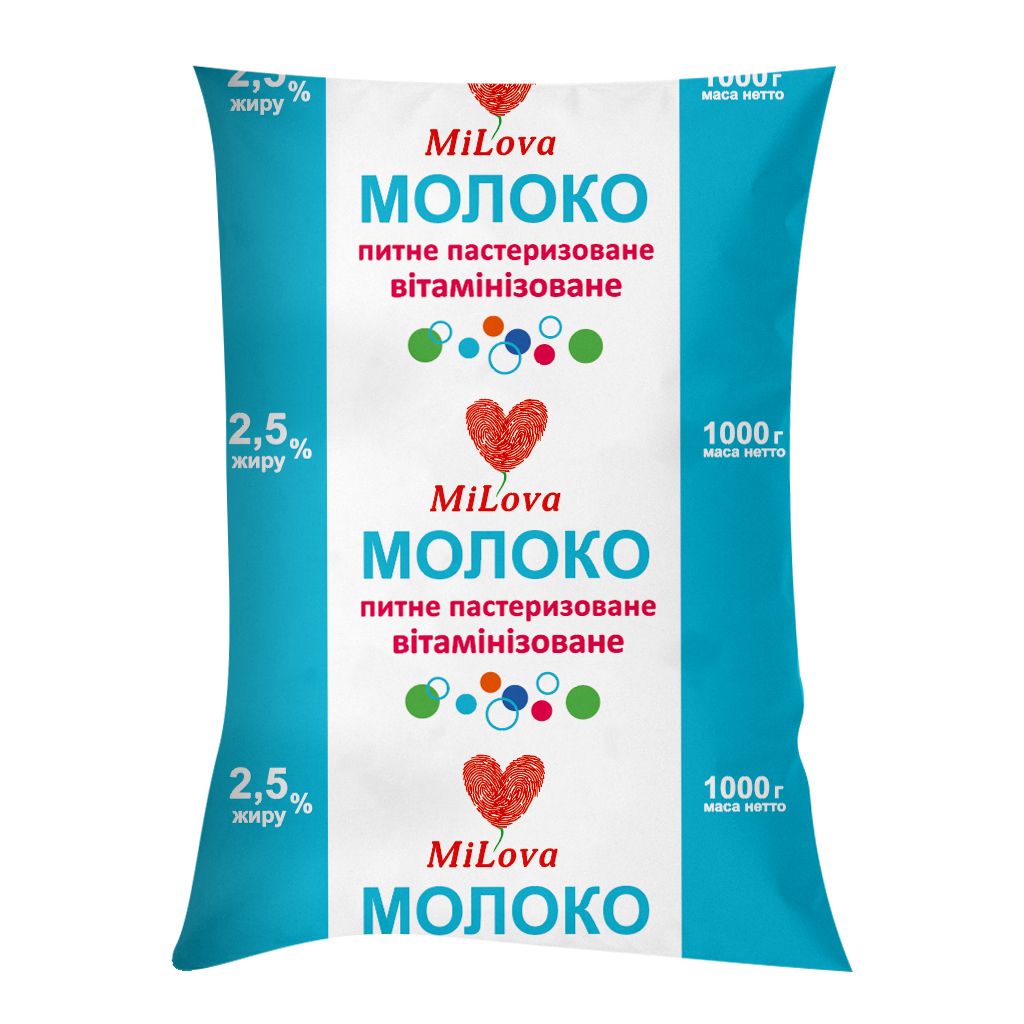 Молоко питне MiLova 2,5 % пастеризоване, вітамінізоване, для дітей, 1000г